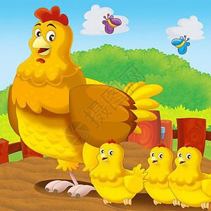 草原鸡在农场教育儿童插画朋友们外壳墙纸卡通片活动晴天兄弟孩子们动物群母亲背景