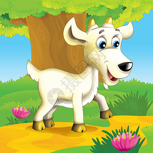 小路插画在农场教育儿童插画山羊栅栏微笑农田动物国家场地墙纸村庄娱乐背景