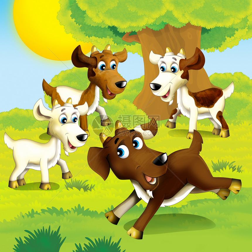在农场教育儿童插画动物群天空山羊插图植物群草原场地卡通片小山羊晴天图片