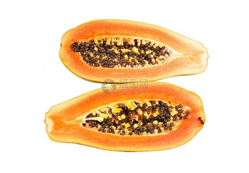 将木瓜减半情调绿色水果橙子白色食物异国热带维生素种子图片