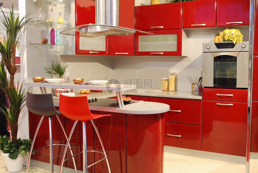 内地 有新的现代红厨房图片