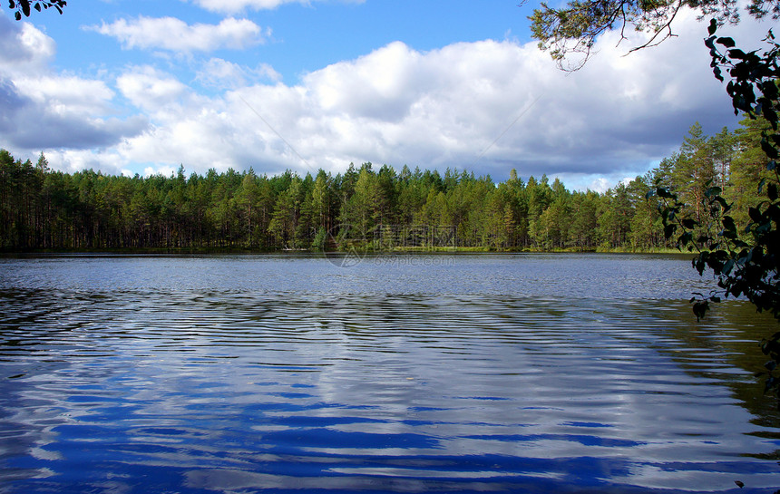 带湖泊的景观天空蓝色池塘反射绿色森林图片