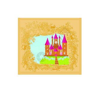 魔法仙子的故事公主城堡建筑插图棕色艺术品王国旗帜寓言童话艺术涂鸦背景图片