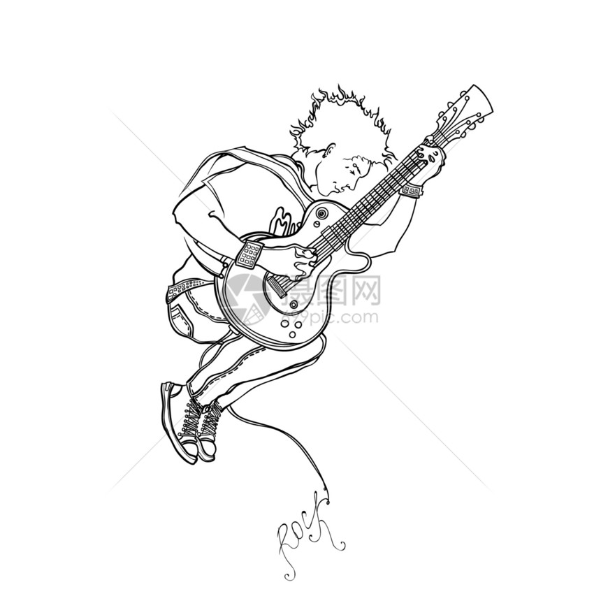 音乐家在跳跃时弹吉他流动艺术活力唱歌头发摇滚吉他音乐牛仔裤插图图片
