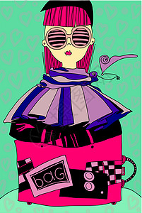 时尚女郎准备出行了紫色插图手提箱收藏品卡片衣服女性乐趣围巾海报背景图片