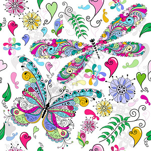 无缝情人节图案蜻蜓紫色雕刻裂缝卷曲插图蝴蝶墙纸圆圈叶子背景图片