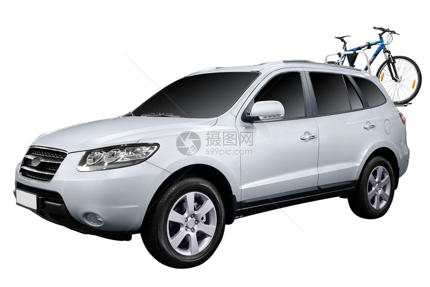 4x4 sUv 与自行车隔离在白色上图片