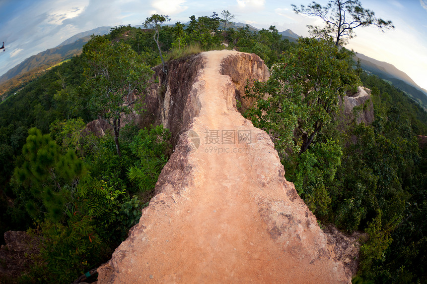 峡谷山瓦砾树木小路人行道峡谷土壤路面绿色地面棕色图片