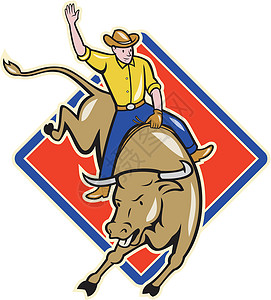 骑着 牛仔牛仔公牛 的卡通插图表演牧场主动物奶牛男人骑术跳跃钻石男性背景图片