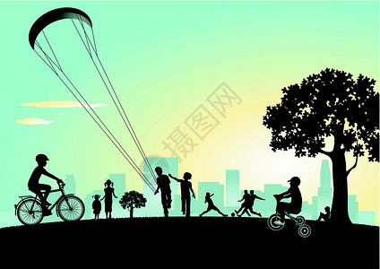 骑自行车风筝在城市公园里玩游戏设计图片