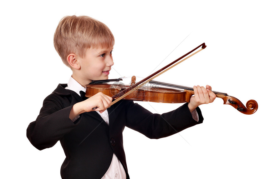 穿燕尾服的男孩玩小提琴娱乐乐器青年音乐家小提琴家孩子白色快乐提琴手微笑图片