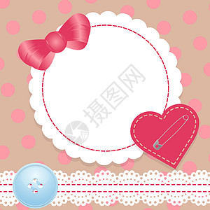 粉红色按钮标签生日卡 上面有心 带子和弓 里面有一个梯度网格插画