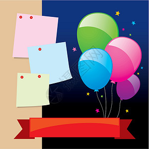 彩色贺卡纸新年背景的气球和笔记板设计派对绿色紫色幸福庆典红色星星季节生日晚会设计图片