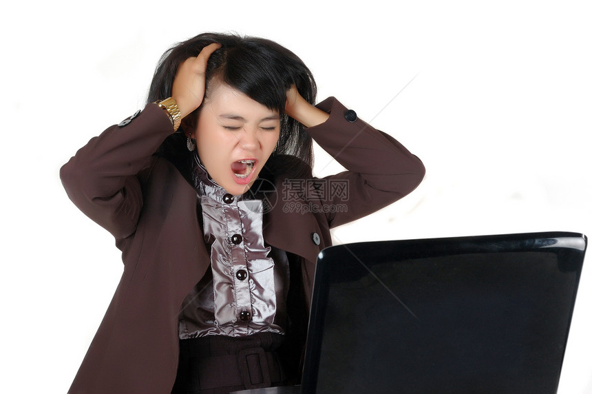 年轻商业女青年女性桌子疼痛职业电脑工作工人女士女孩压力思维图片