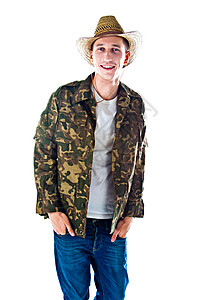 年轻男性农民快乐绿色主义乡村帽子工人男人大男子衣服背景图片
