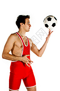 带足球球的健身女体操运动员运动白色男性竞赛健康力量背景图片