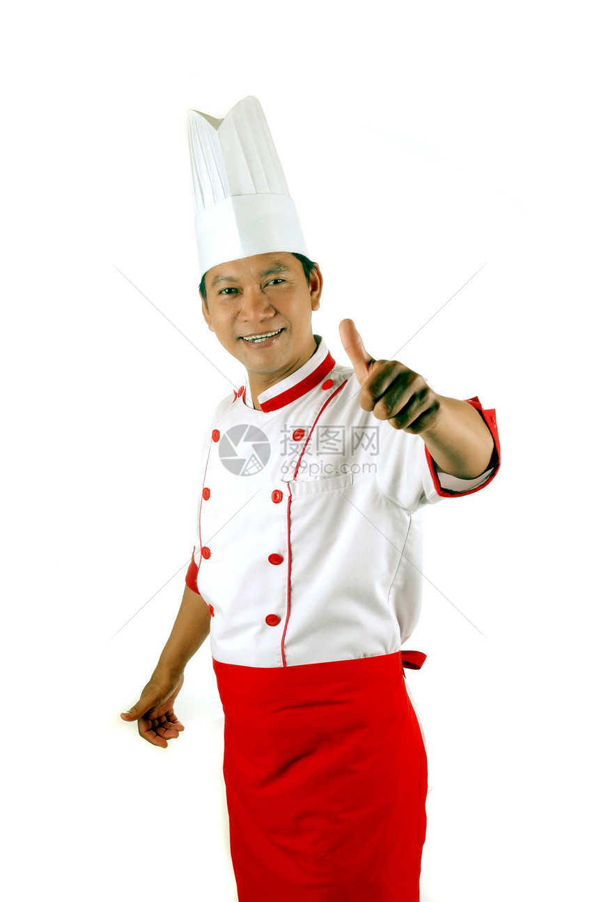 厨师给予大拇指举号帽子餐厅快乐工作白色成人职员微笑幸福菜单图片