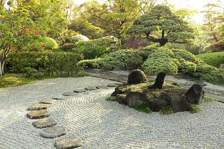日本石头花园石头园松树巨石花园绿色小路海浪植物石头背景
