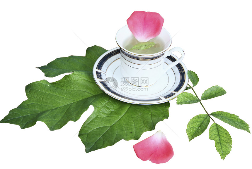 白色背景的绿页上茶杯中的茶飞碟商品床单绿色陶瓷粉色黑色花瓣图片