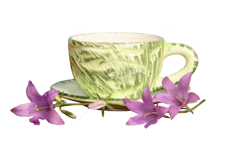 绿色的杯子和白色背景的Lilac手铃图片