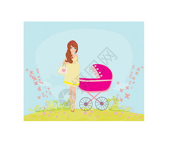 美丽的孕妇 推着婴儿车的动物女孩闲暇季节插图妈妈女士犬类婴儿宠物插画