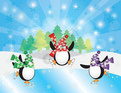 三只企鹅冰滑雪在冬季景点背景图片