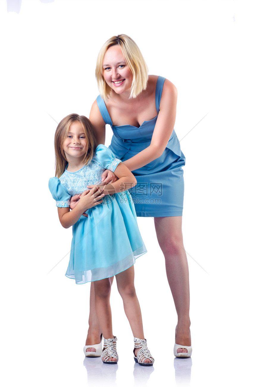 快乐的妈妈和女儿在白色母性孩子女性喜悦家庭父母母亲幸福女孩乐趣图片