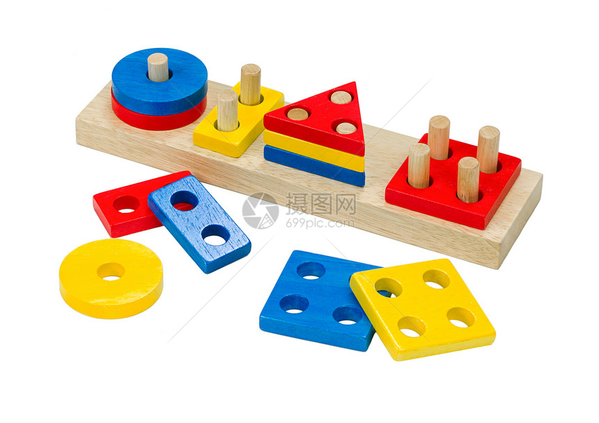 白色上孤立的多彩多色多米诺木制玩具逻辑建筑物蓝色骨牌构造喜悦木头几何学学习孩子们图片
