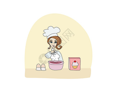 女孩拿着碗家庭主妇烤了一个美味的蛋糕房子沙漠午餐食物女性快乐涂鸦搅拌面糊液体设计图片