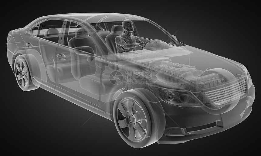 带有驱动器的透明汽车概念引擎身体创伤x光速度曲线涡轮驾驶轮子射线图片