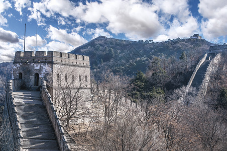 壁垒Mutianyu的长城小路日落天空石头障碍地标历史场景明信片游客背景