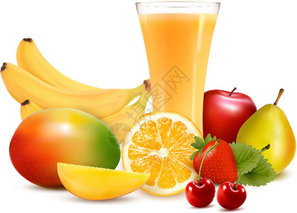 芒果带叶子新鲜彩色水果和果汁 矢量插图浆果甜点热带柠檬季节玻璃香橼蔬菜饮食食物设计图片