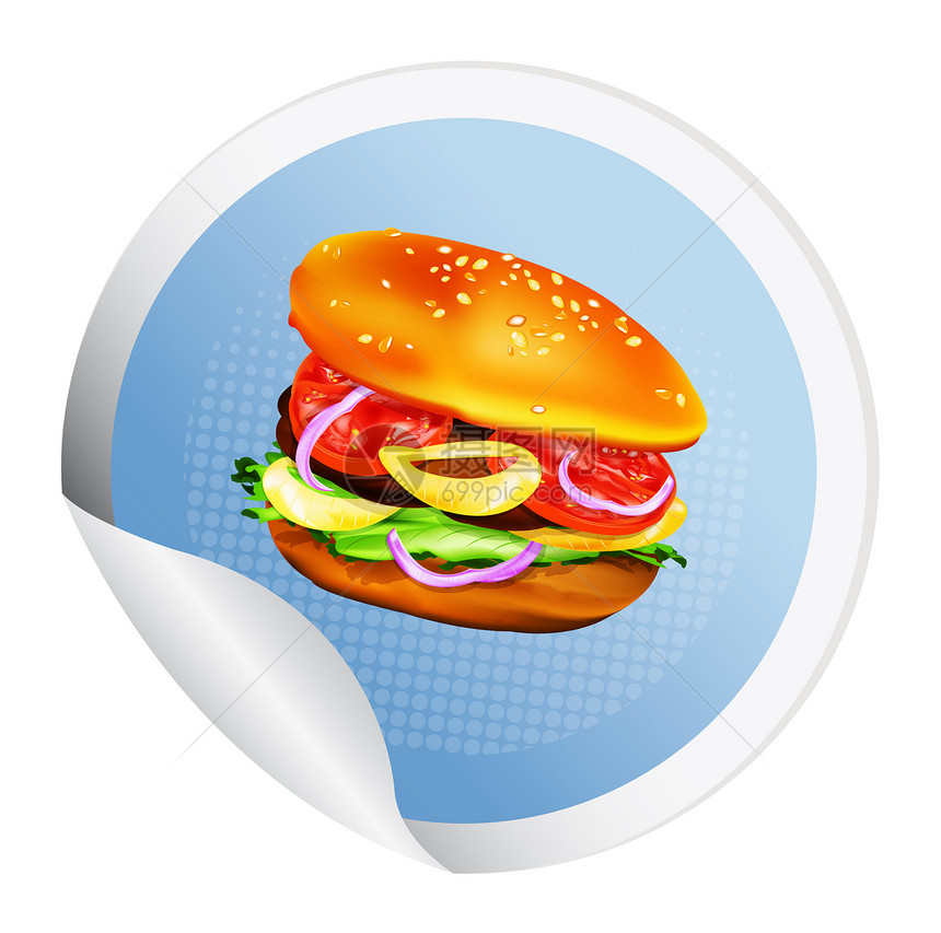 汉堡包叶子小吃标签营养蓝色贴纸食物洋葱包子面包图片