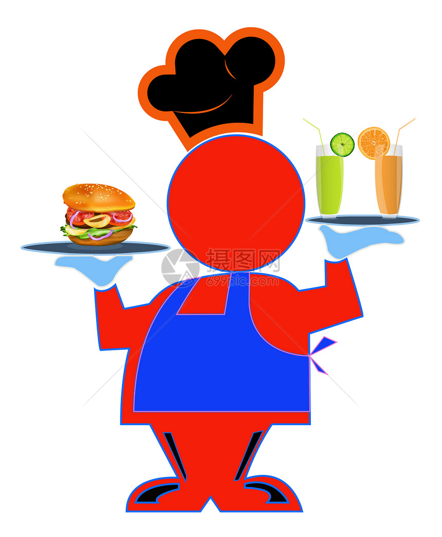白色背景的有趣的厨师果汁水果菜单男人玻璃插图食物咖啡店橙子包子图片