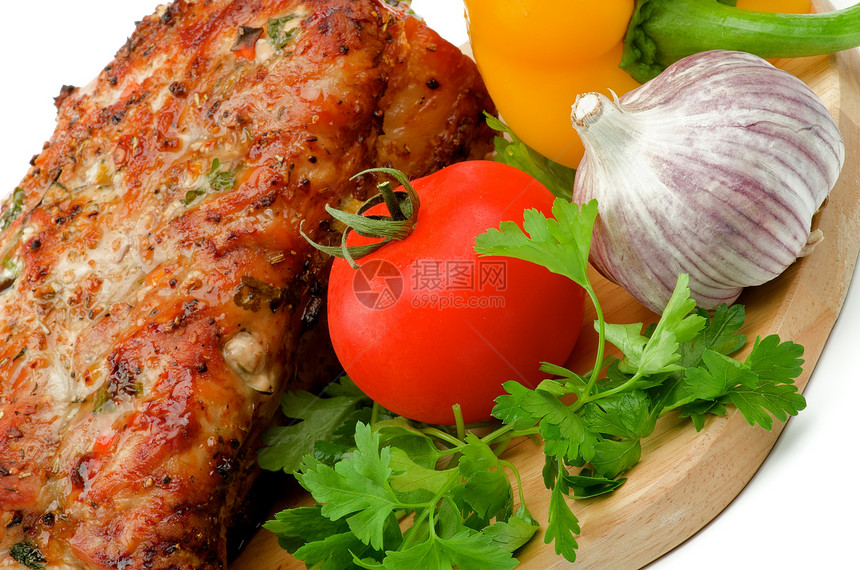 烤猪粉和蔬菜全身养护食物香料草本植物熏制美食家猪肉香菜腰部图片