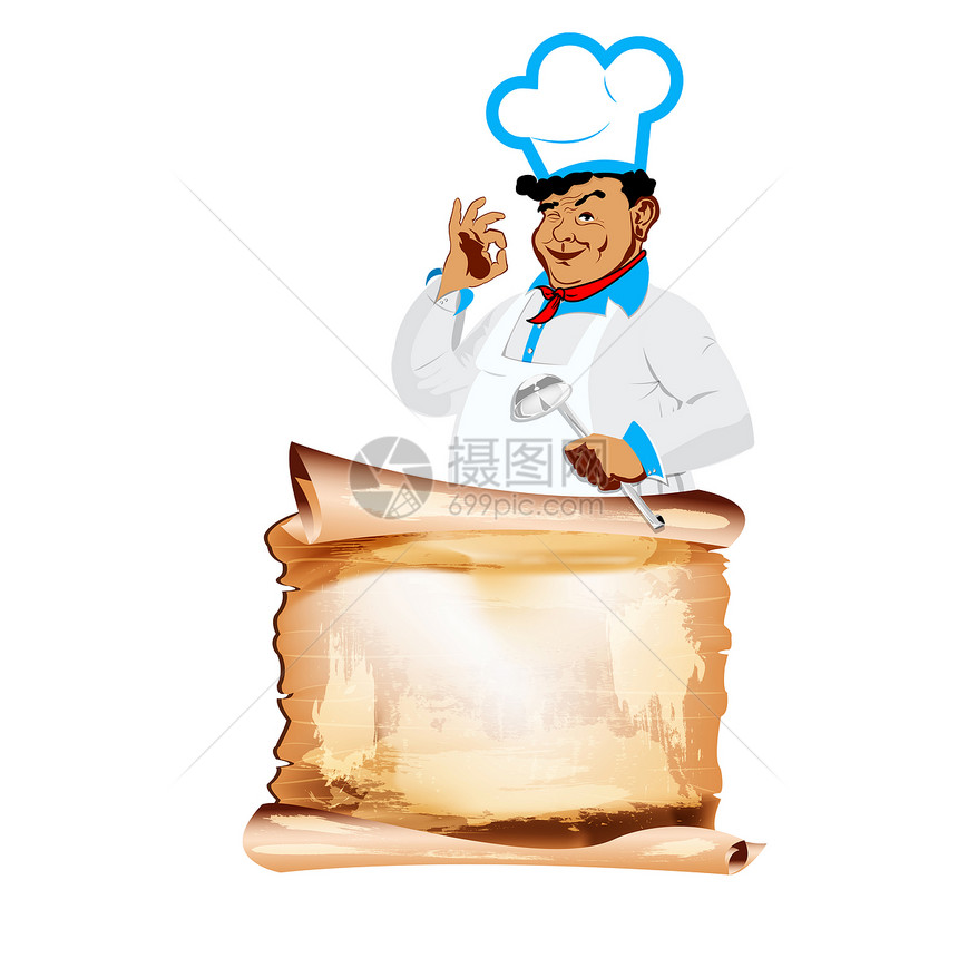 白色背景的有趣的快乐厨师和菜单咖啡店餐厅早餐烹饪午餐蓝色厨房面包师男人成人图片