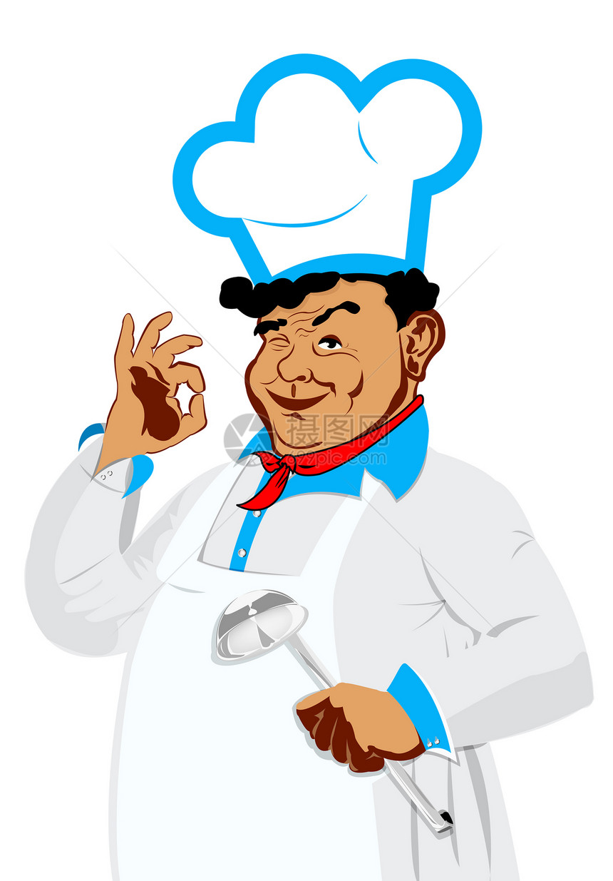 白色背景的欢笑快乐厨师蓝色老板勺子男人咖啡店微笑面包师厨房首席菜单图片