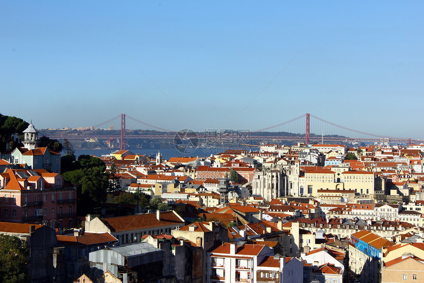 Baixa和Tagus桥 葡萄牙里斯本旅行旅游跨度假期红色日出航海海洋图片