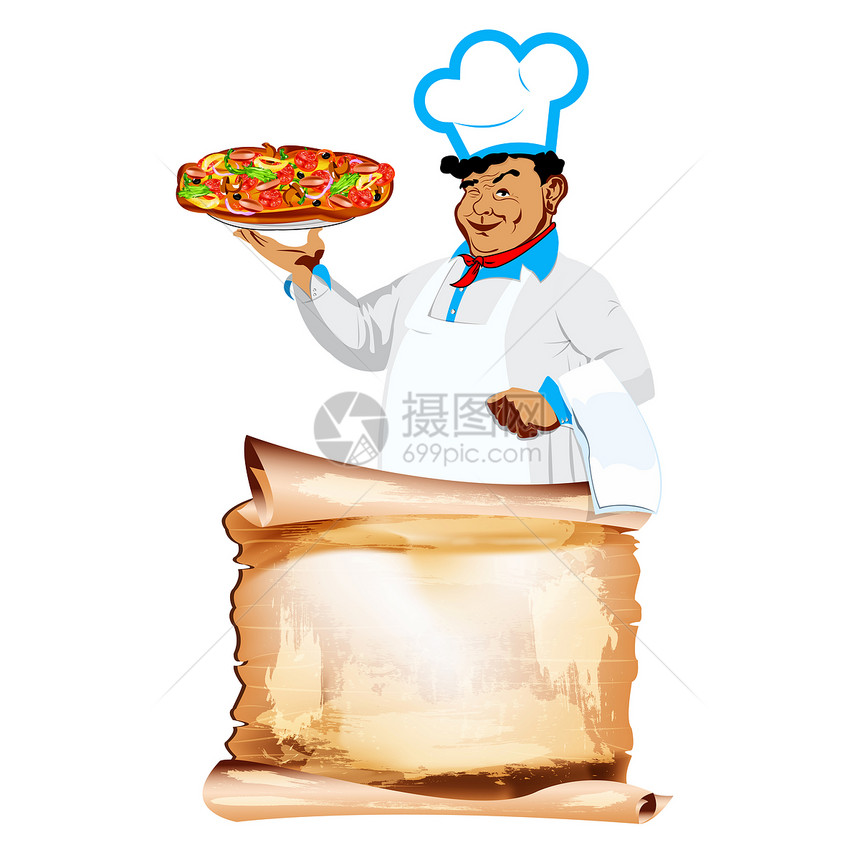 有趣的厨师和传统美味的意大利蔬菜披萨图片