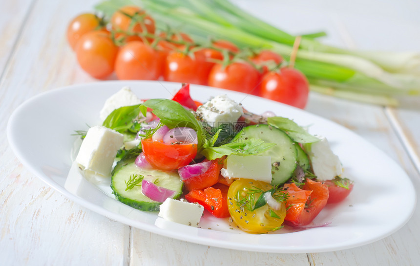 希腊沙拉叶子洋葱食物烹饪课程盘子美食香菜黄瓜草本植物图片