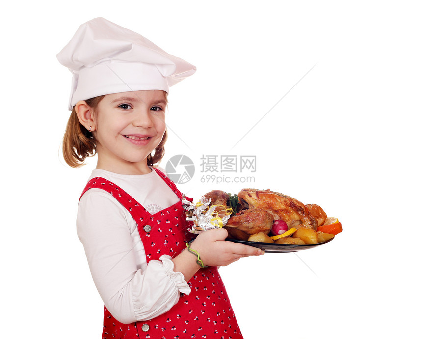 快乐的小女孩做饭 小姑娘拿着烤鸡图片