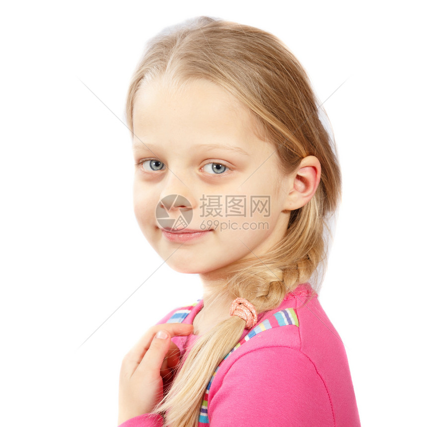 微笑的小女孩快乐女孩情绪童年青年工作室乐趣孩子辫子情感图片