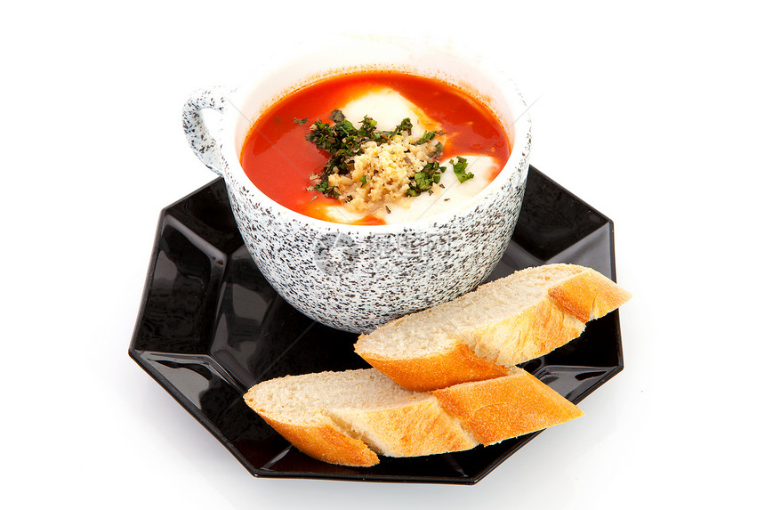 用西红柿汤和面包杯食物杯子盘子面包午餐小吃图片