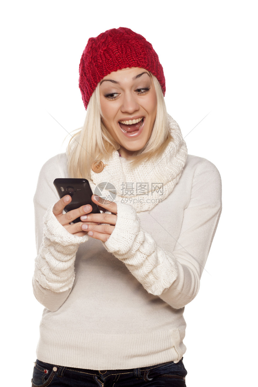 好消息女性女士快乐手机幸福白色微笑电话女孩技术图片
