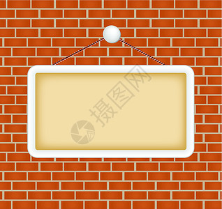 银砖砖墙上的空白符号框架木板店铺营销标志商业正方形棕色广告牌公告设计图片