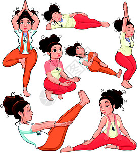 瑜伽老师招募瑜伽姿势漫画身体卡通片脉轮咒语女士老师体操插图平衡插画