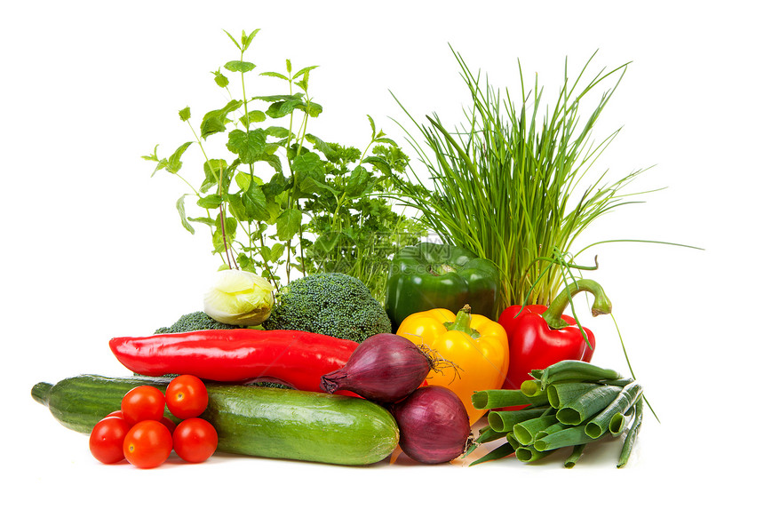 一群新鲜的蔬菜健康黄瓜植物香葱红色菊苣营养薄荷香菜洋葱图片