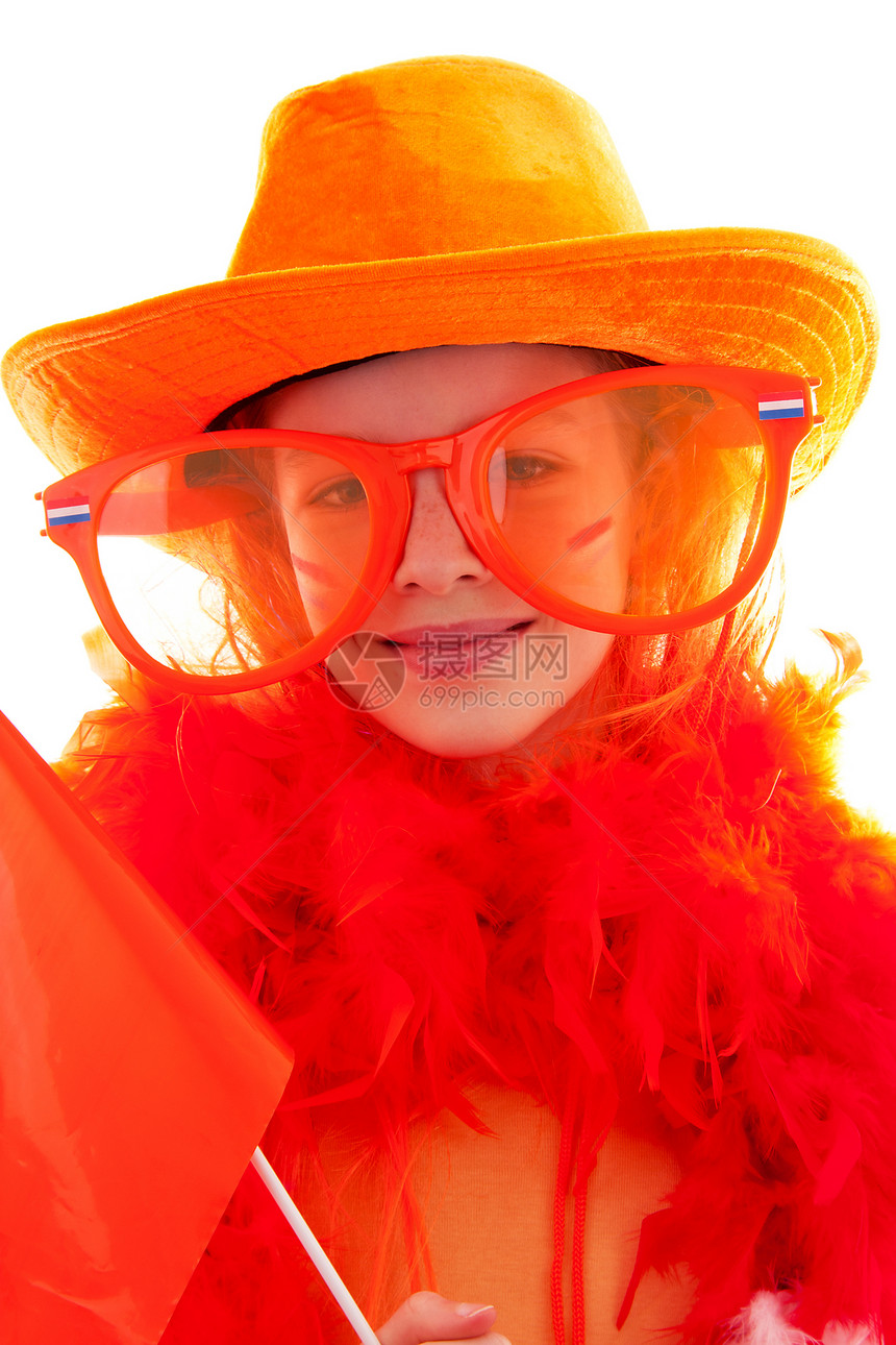 女孩打扮成橙色装扮来参加足球比赛或荷兰皇后d图片