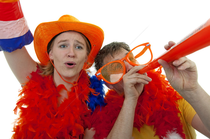 2名荷兰足球迷乐趣眼镜圆形扇子配饰男人竞赛帽子欢呼足球图片