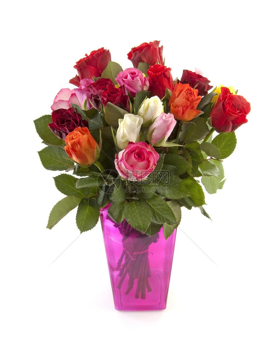 花瓶中彩色玫瑰布束图片